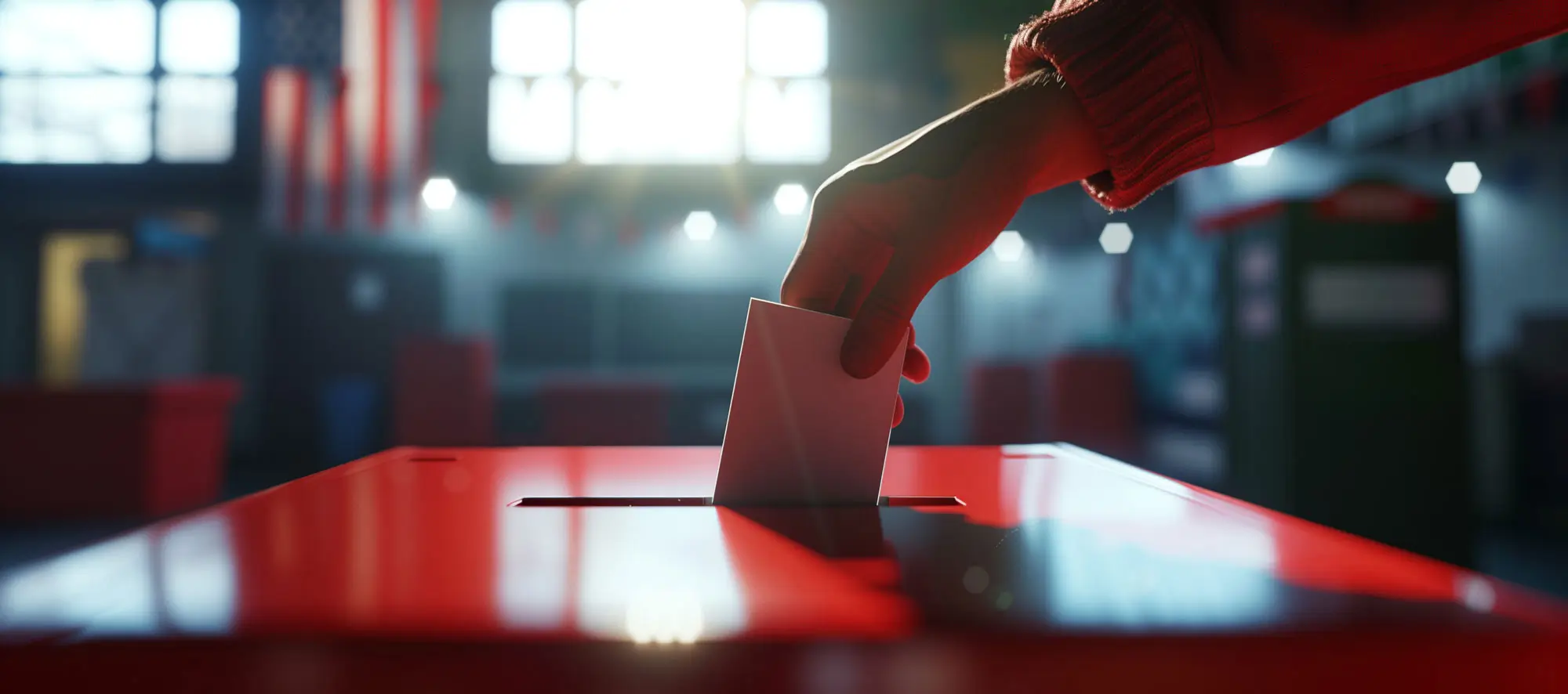 Voting hand with ballot on election day