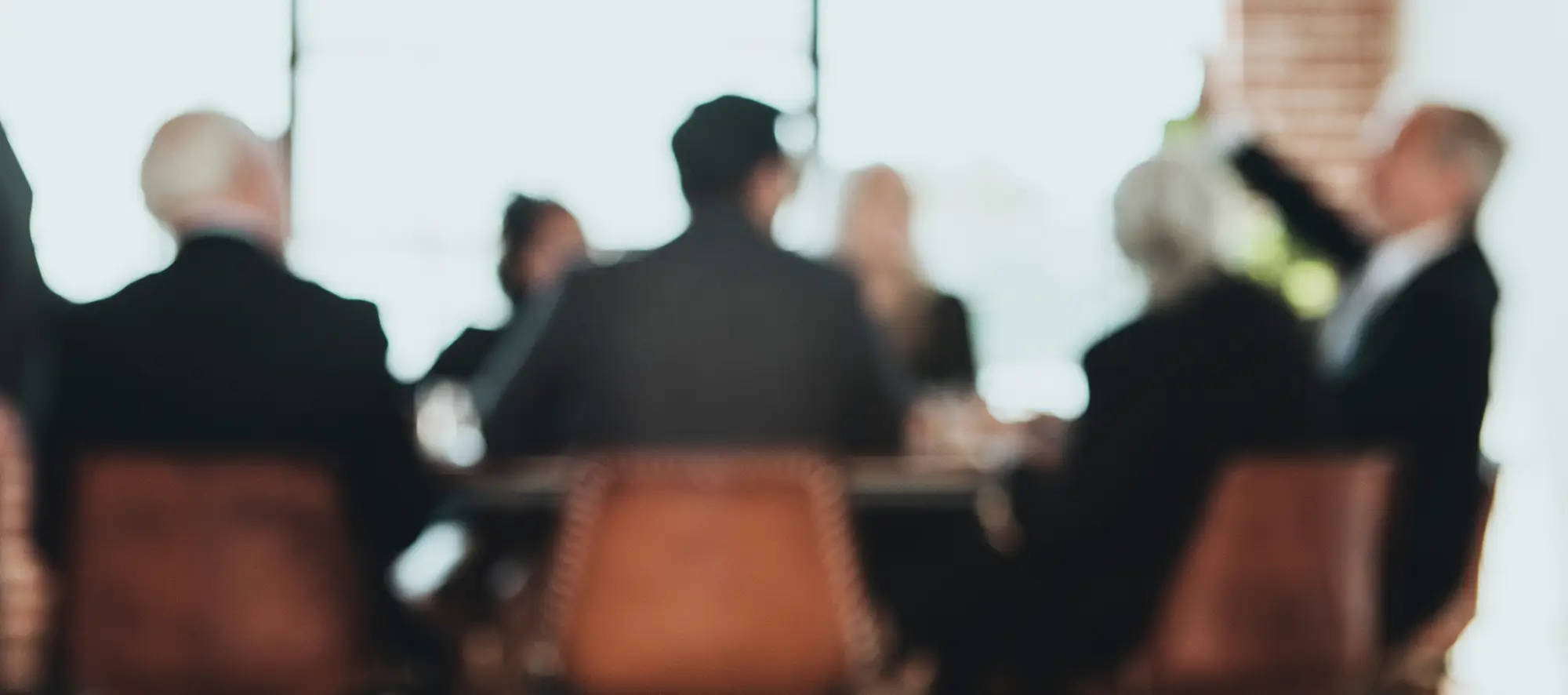 Out of focus shot of business people at a conference table.