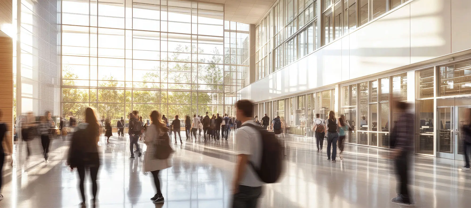 Bustling modern well lit campus hall filled with students