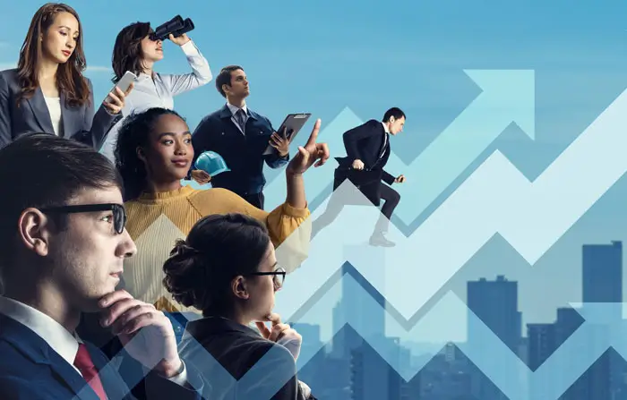 Graphic containing various people in industries with a cityscape background overlayed by rising arrows.