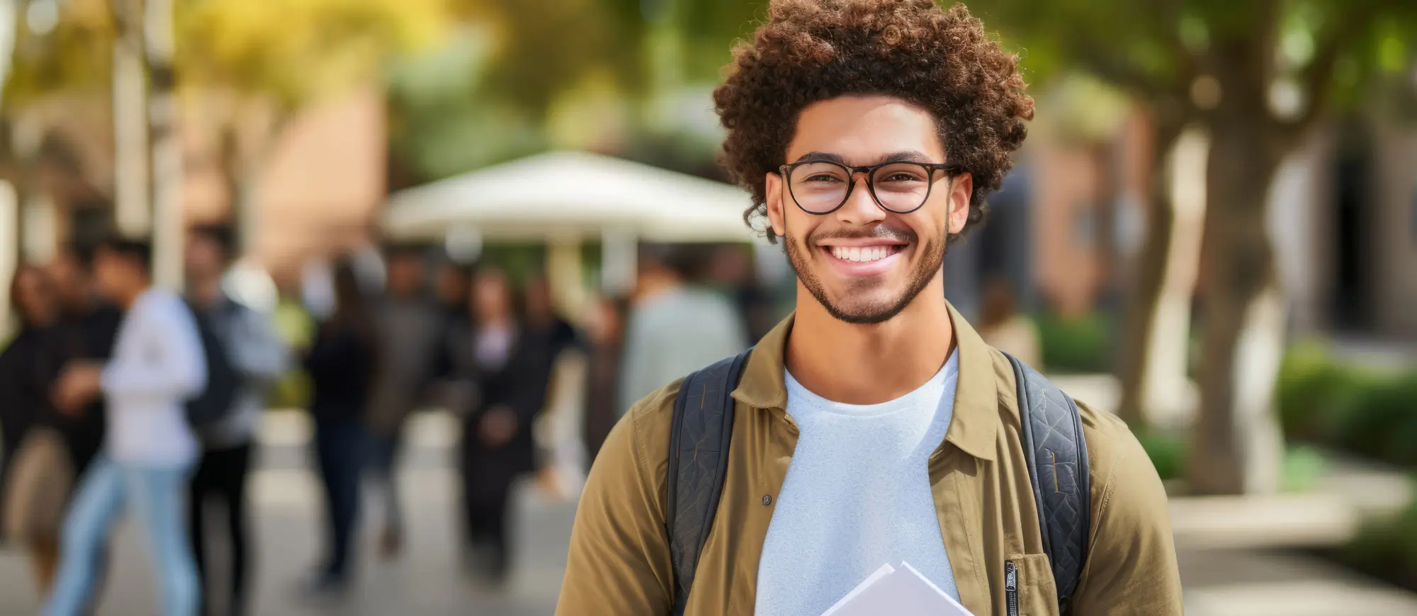 Smiling young male college student with curly hair wearing glasses and a backpack standing on campus.
