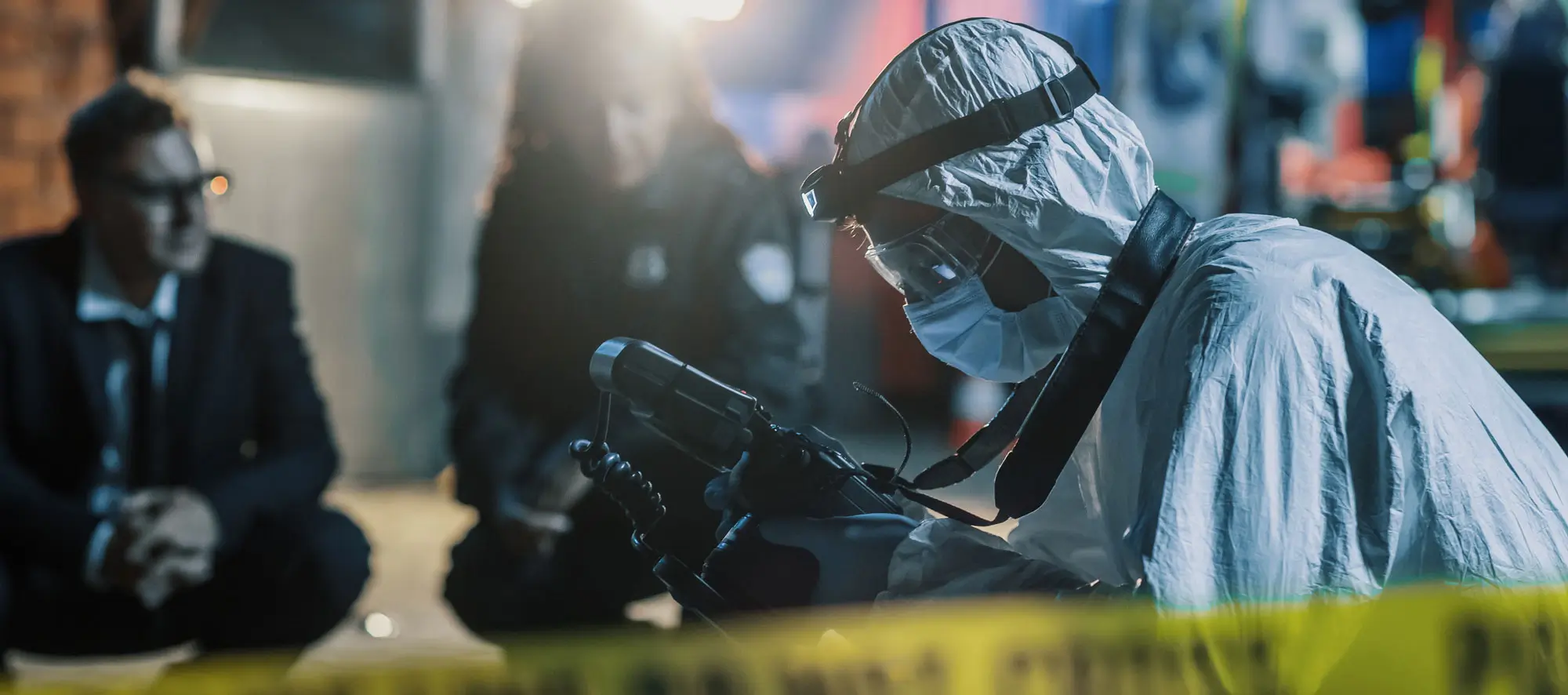Forensics Specialist on Duty on Crime Scene at Night