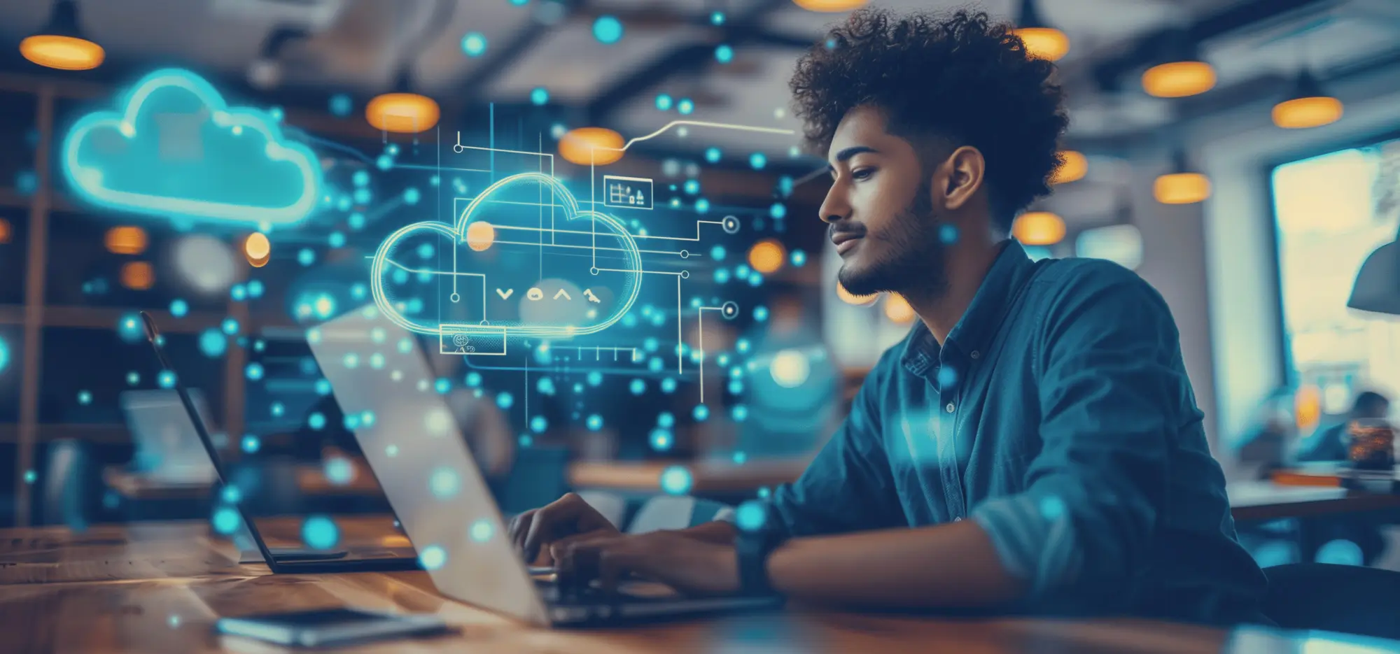 A focused young man engages with cloud technology graphics on a laptop at a modern workspace.