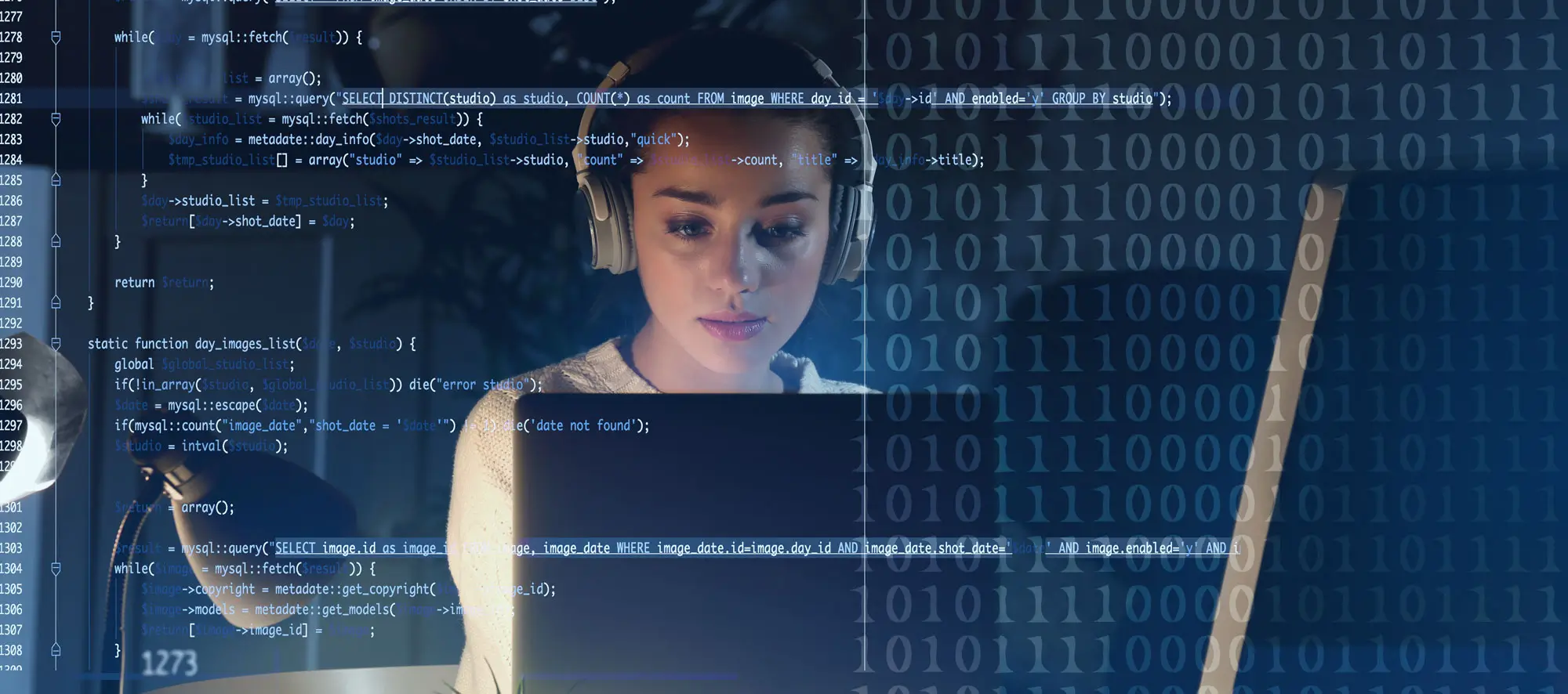 Young woman with headphones sitting at a laptop computer with graphical code texture overlaying the image