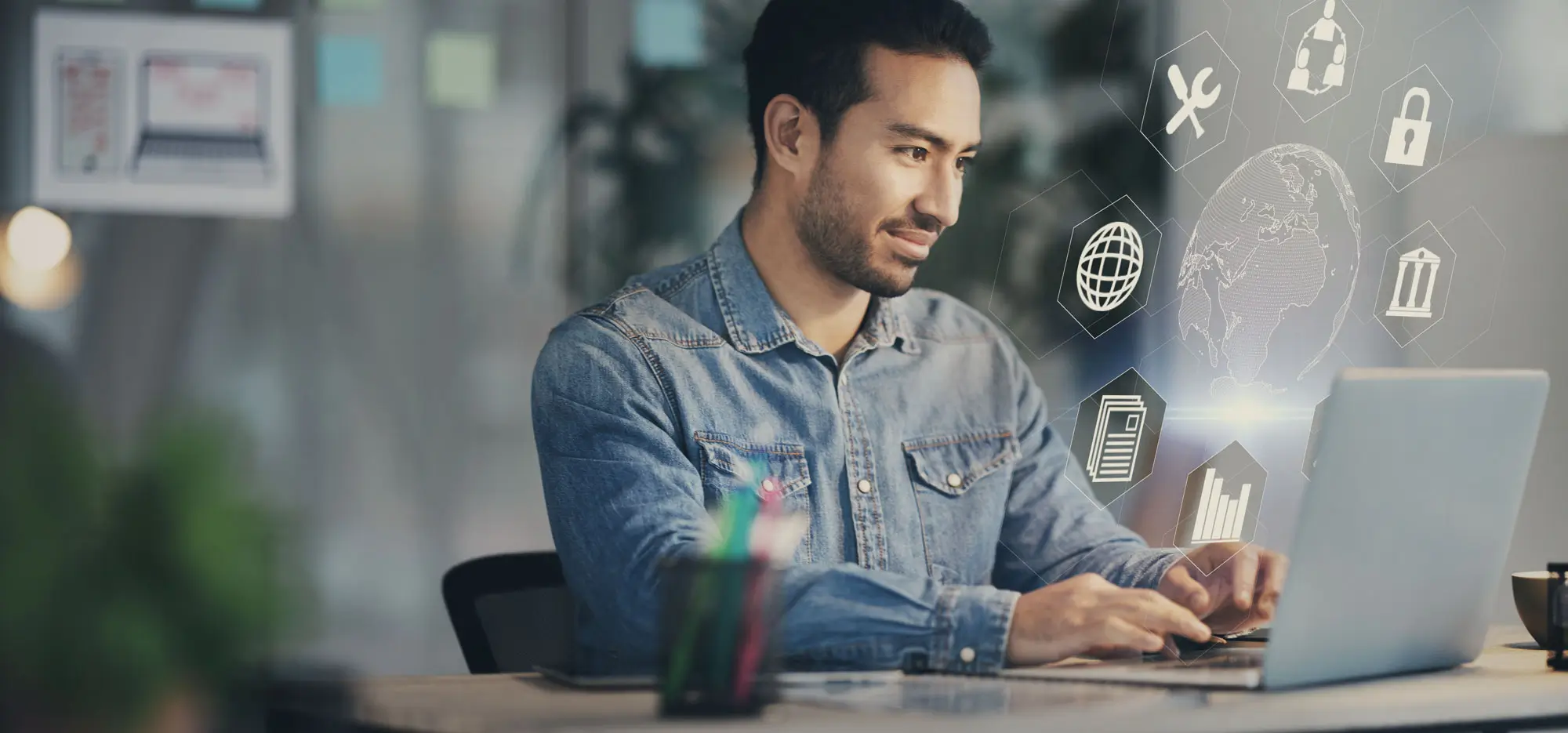 Businessman, laptop and cybersecurity overlay with futuristic hologram