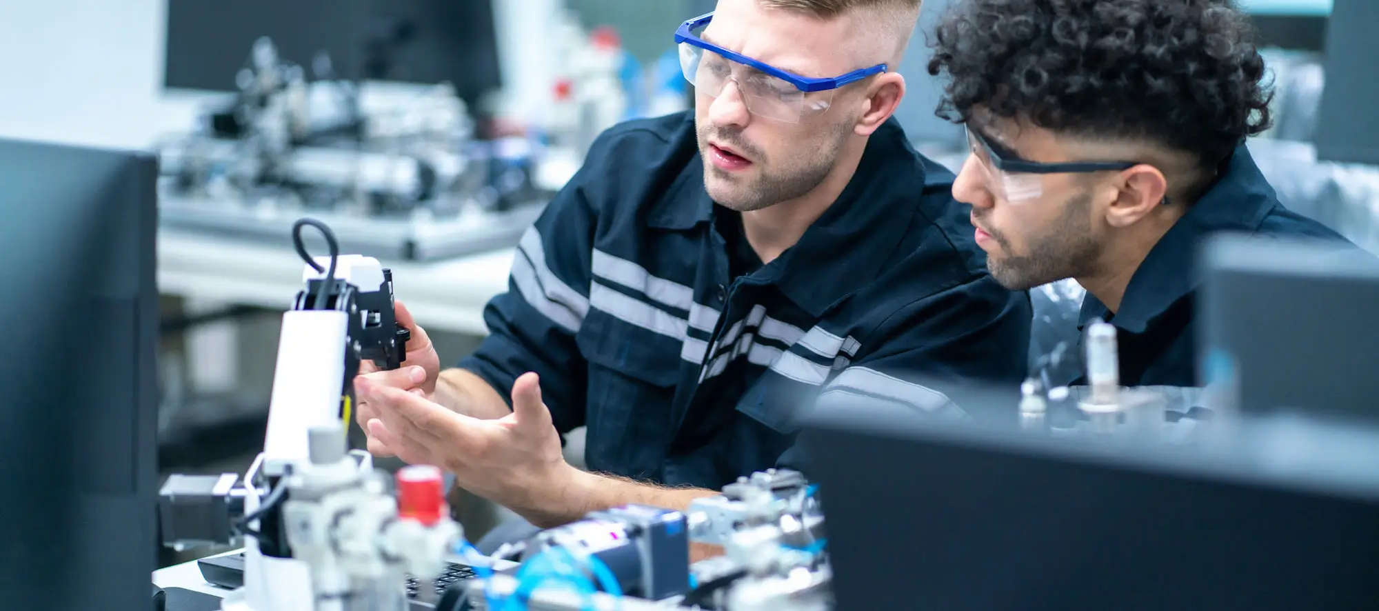 Mechanical engineering team working in robotic technology lap.