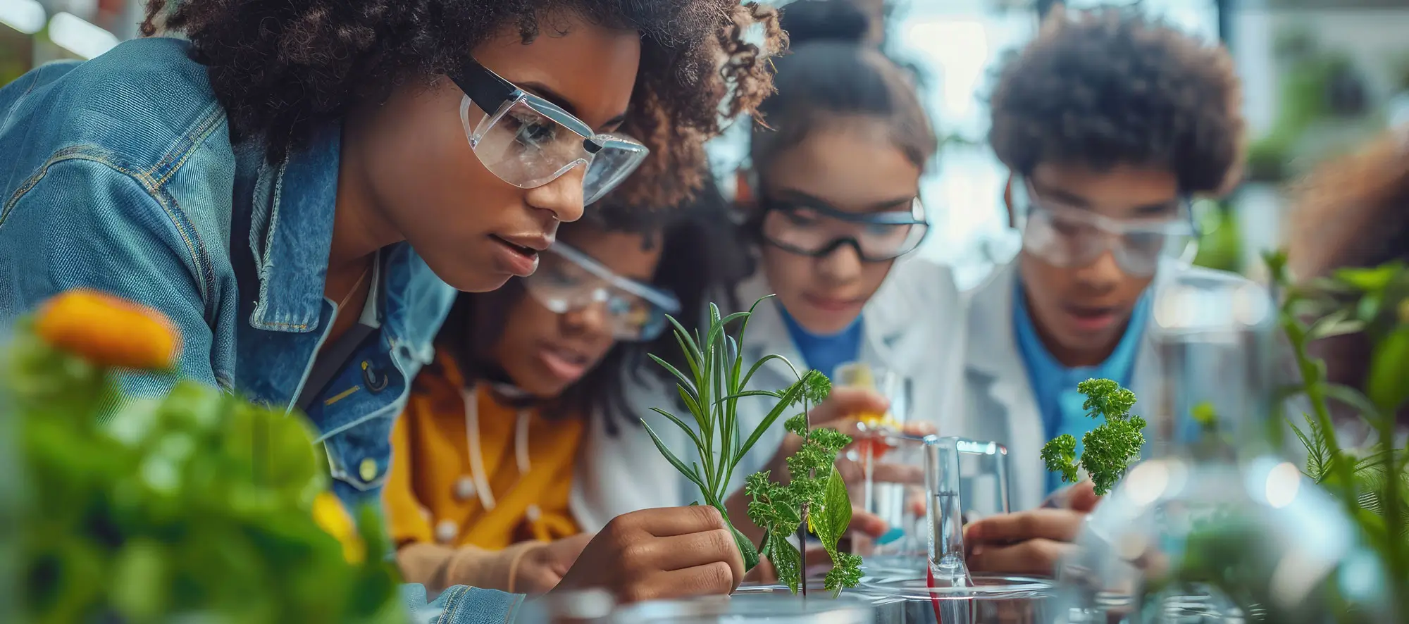 Students analyzing plant experiment in school lab.