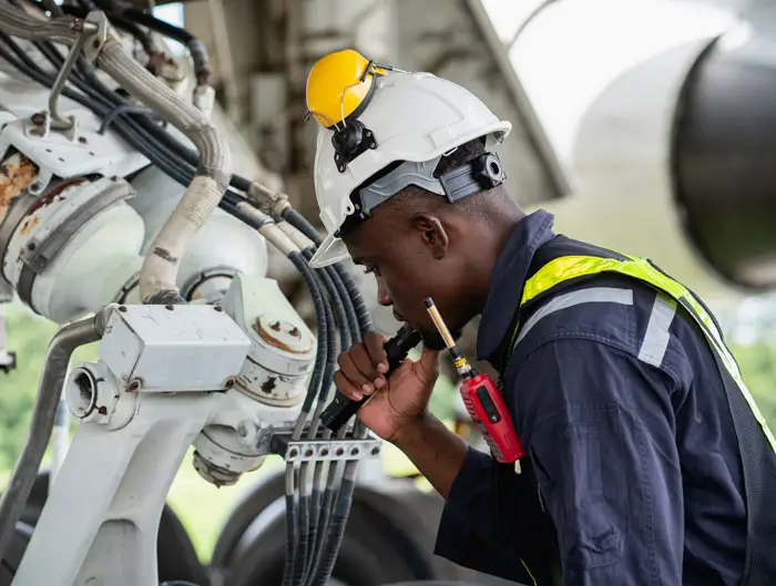 Aircraft maintenance engineer inspecting airplane engine with safety equipment and tools.