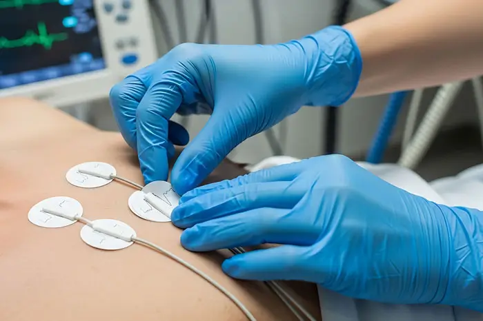 A healthcare professional in blue gloves carefully attaches electrodes to a patient's chest for an electrocardiogram.