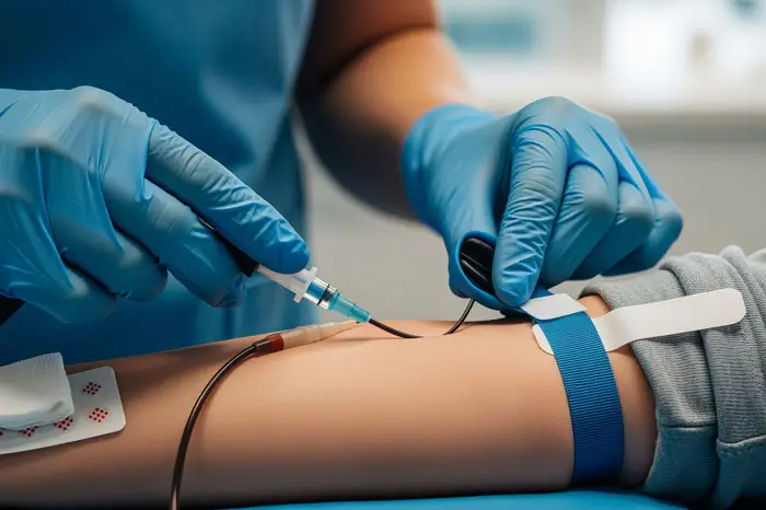 Technician drawing blood from arm