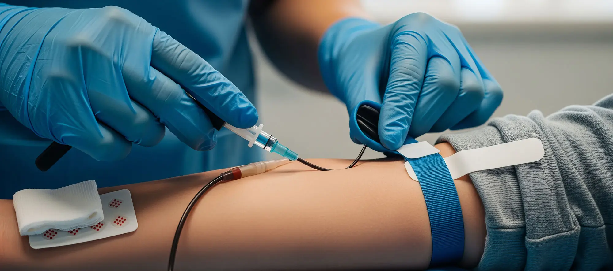 Phlebotomist skillfully collecting blood sample from patients arm.
