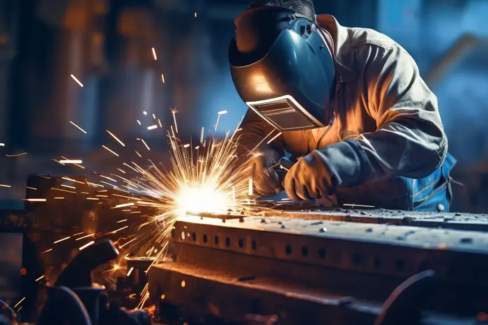 Craftsman using gas cutting machine in steel fabrication for construction industry