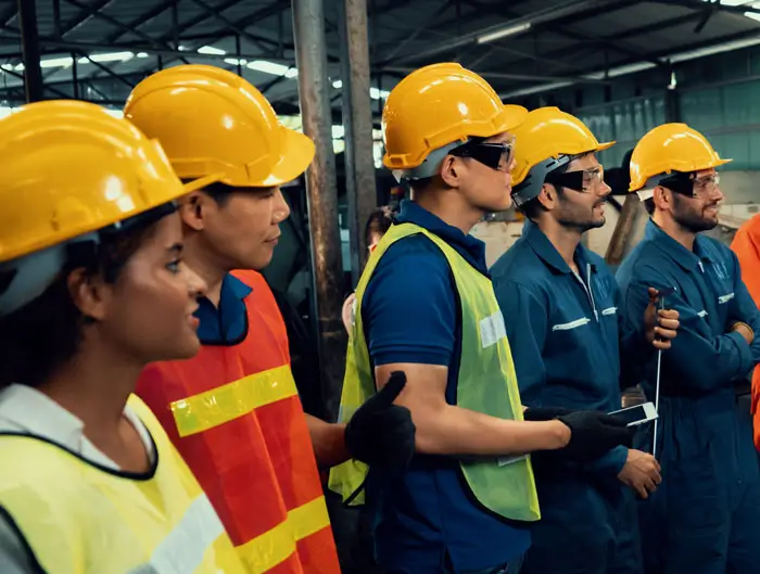 Skillful workers attending brief meeting in the factory.