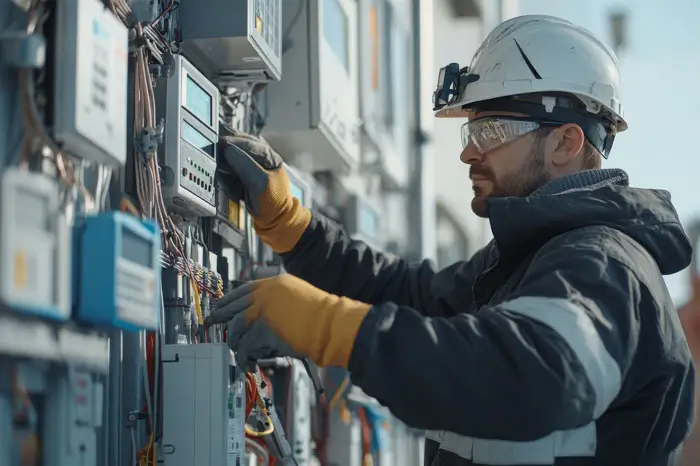 A technician in safety gear inspects electrical equipment, ensuring proper functioning of meters and maintaining safety protocols.