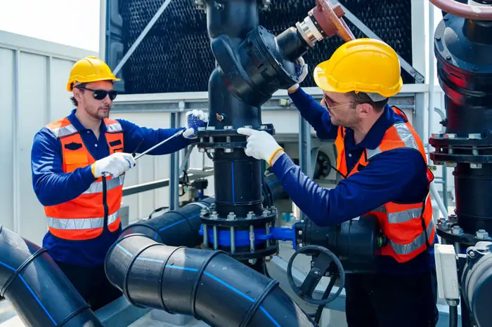 Two male technicians in hard hats and safety vests working on industrial pipes and valves.
