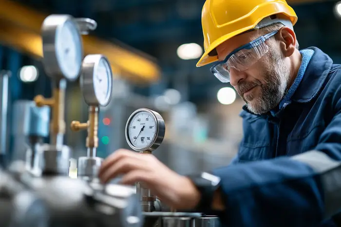 Safety engineers performing pressure gauge inspection in an advanced industrial chemical plant facility.