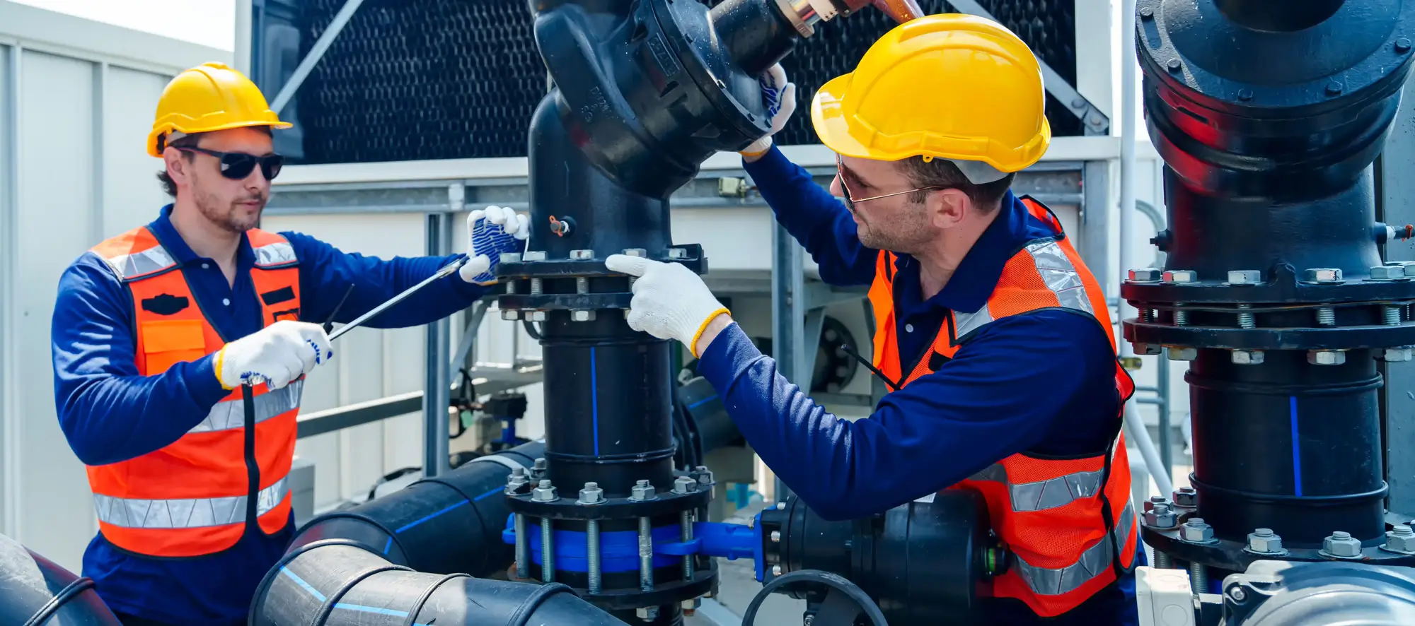Two male technicians in hard hats and safety vests working on industrial pipes and valves.