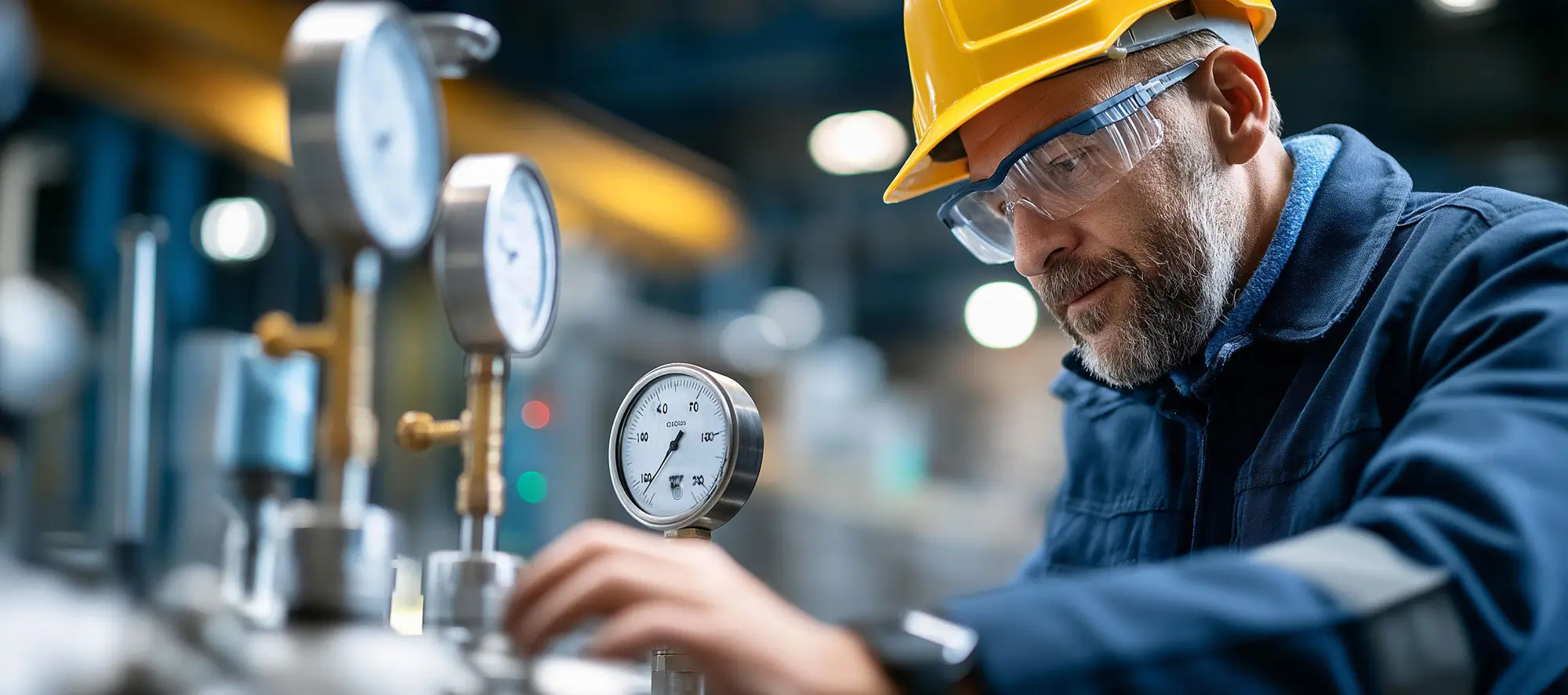 Safety engineers performing pressure gauge inspection in an advanced industrial chemical plant facility.