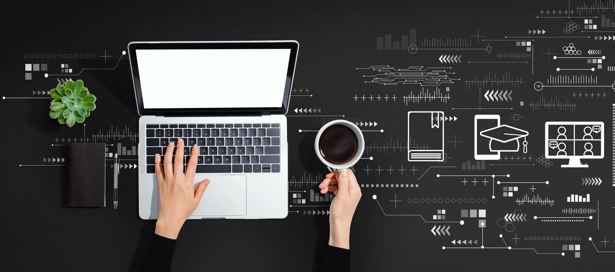 Distance learning theme with person using laptop computer