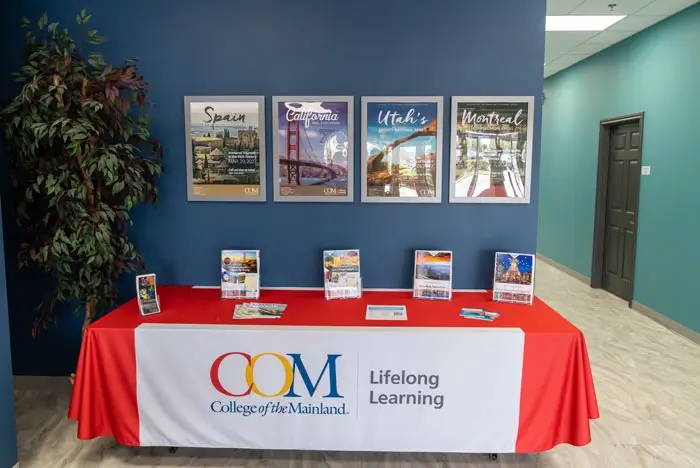 Table with red tablecloth that has several fliers on it in front of wall with travel posters