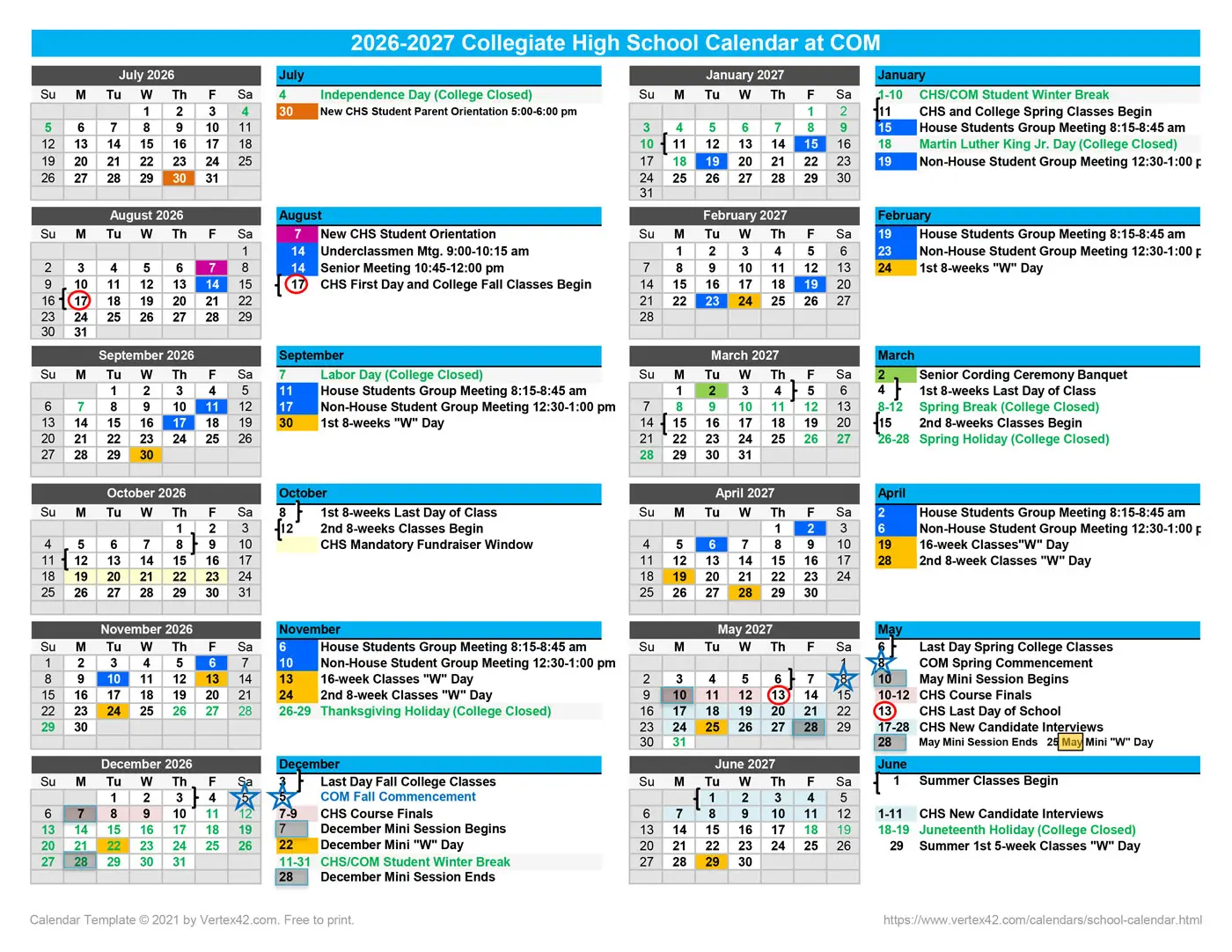 Graphic image of CHS Calendar for 2026-2027