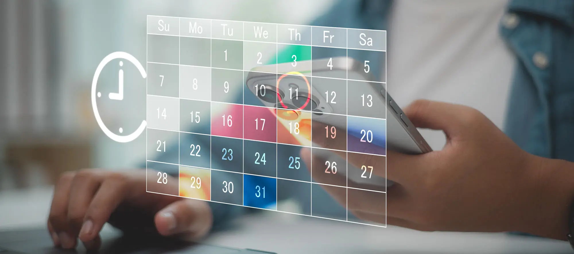 Digital calendar scheduling concept with person holding smartphone.