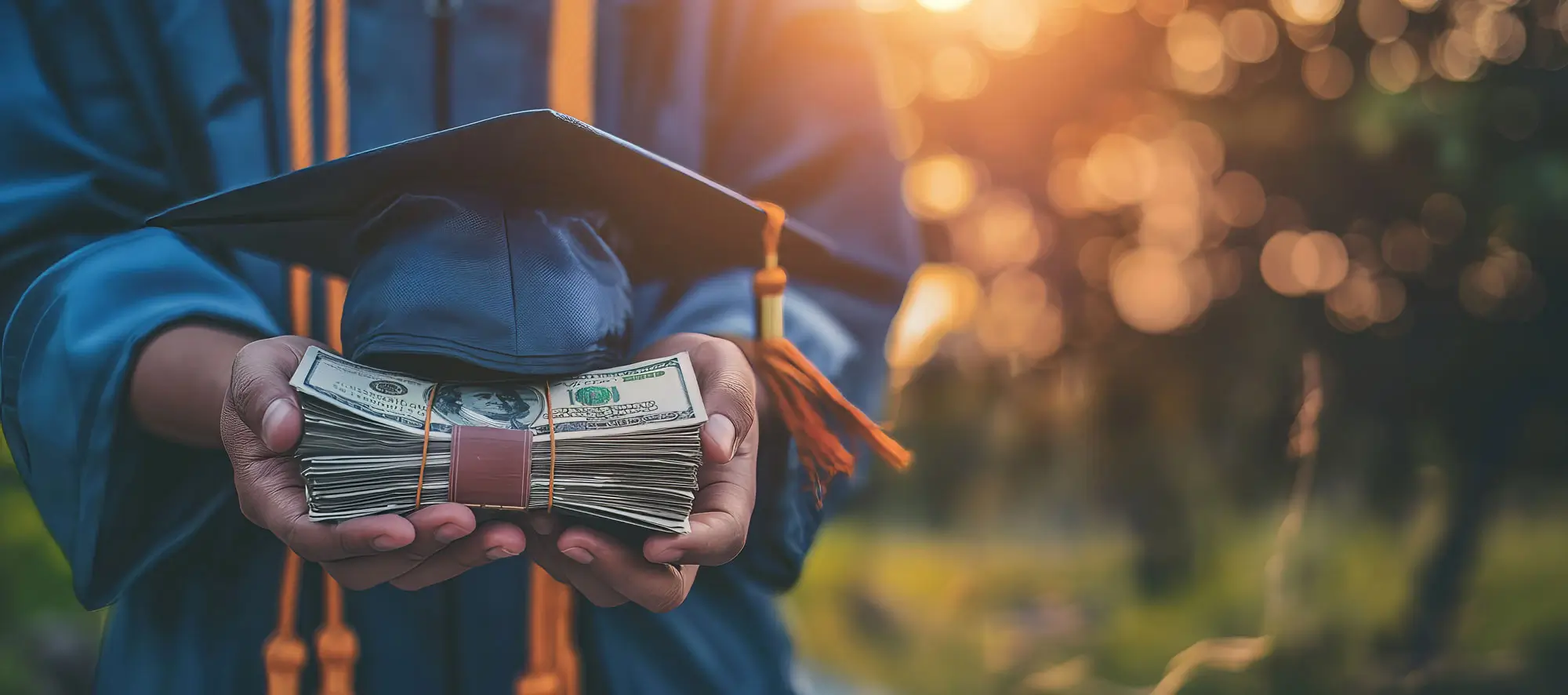 graduate in a cap and gown holds a stack of cash, symbolizing scholarship, tuition support, or student loan aid.