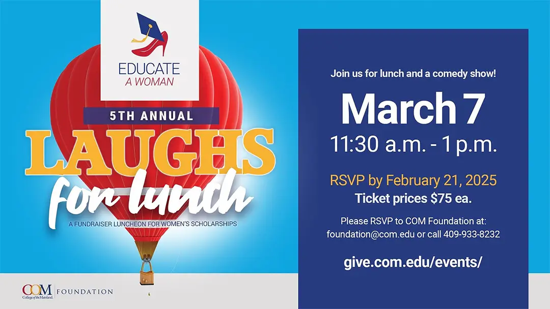 COM Foundation's Educate a Woman "Laughs for Lunch" scholarship fundraiser luncheon flyer.