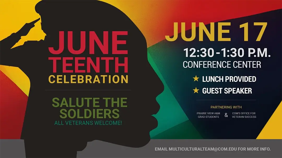 Graphic Flyer for COM’s Juneteenth Celebration Being Held Tuesday, June 17 at 12:30 p.m. in the COM Conference Center.