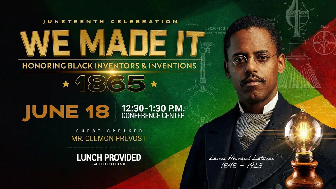 Graphic Flyer for COM’s Juneteenth Celebration on Thursday, June 18 at 12:30 p.m. in the COM Conference Center.