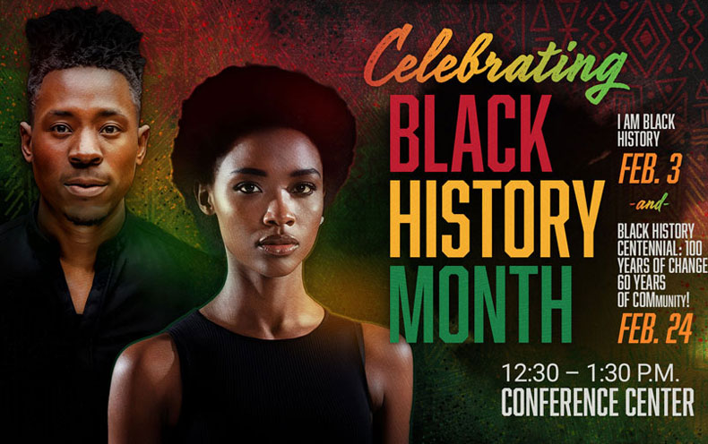 Graphic flyer for College of the Mainland’s Black History Month Events on February 3 and 24.