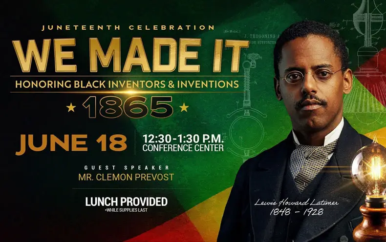 Graphic Flyer for COM’s Juneteenth Celebration on Thursday, June 18 at 12:30 p.m. in the COM Conference Center.