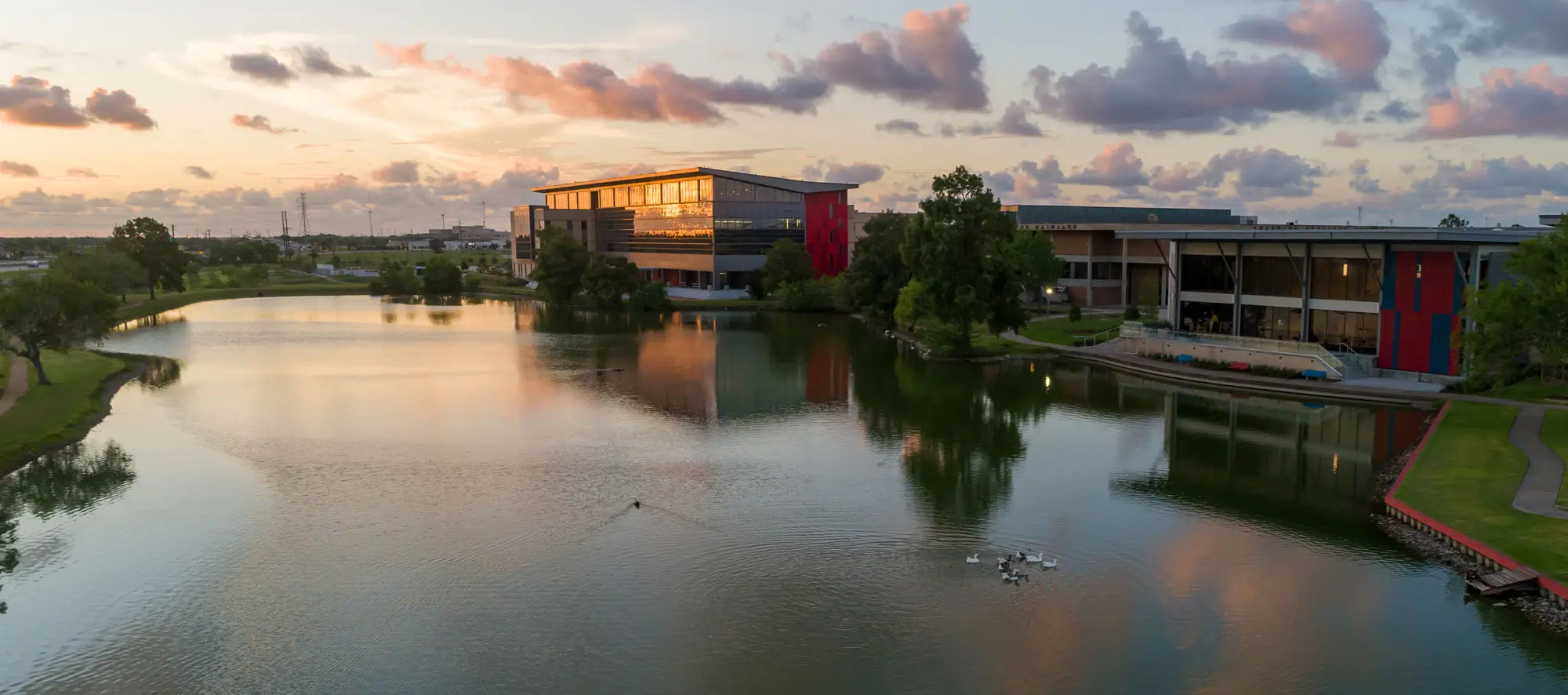 Sunset aerial photo of COM's Lake
