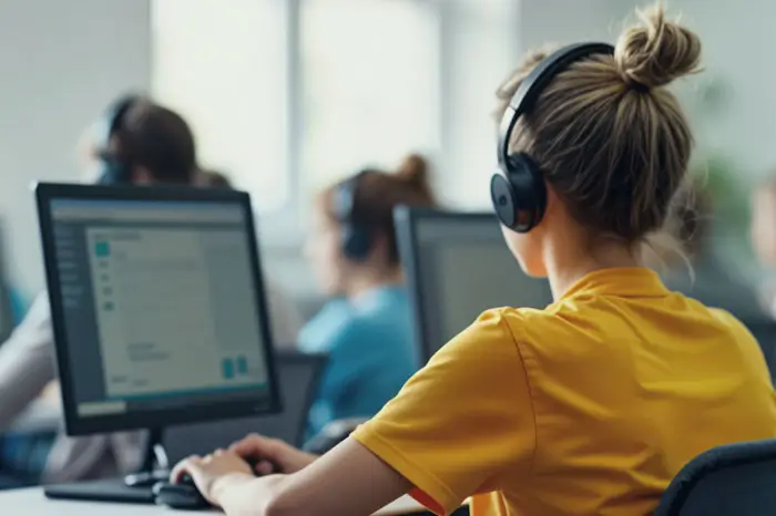 Female student wearing headphones in a computer lab surrounded by other students.