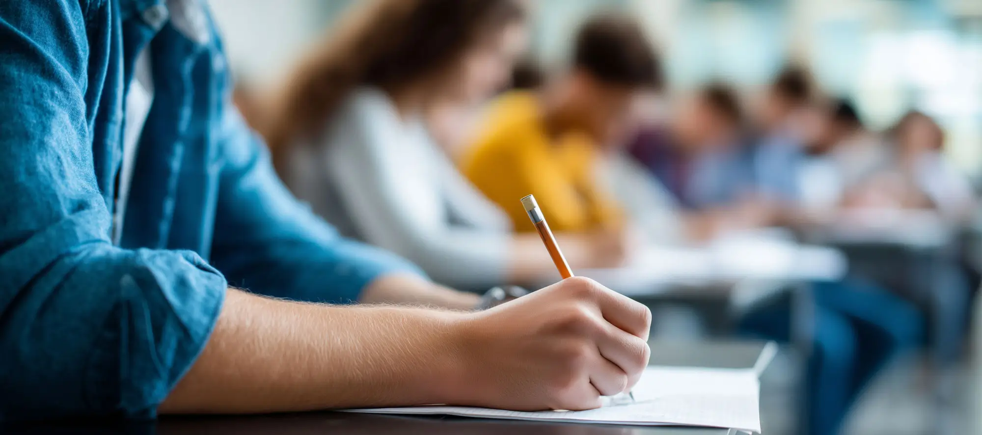 Students out-of-focus perspective, examination in progress.