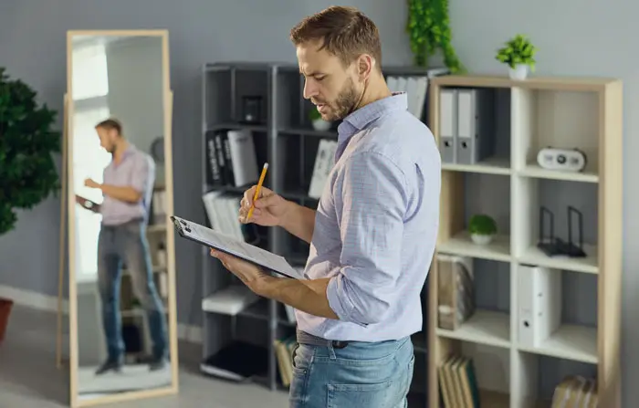 Man rehearsing a speech presentation in front of large mirror.