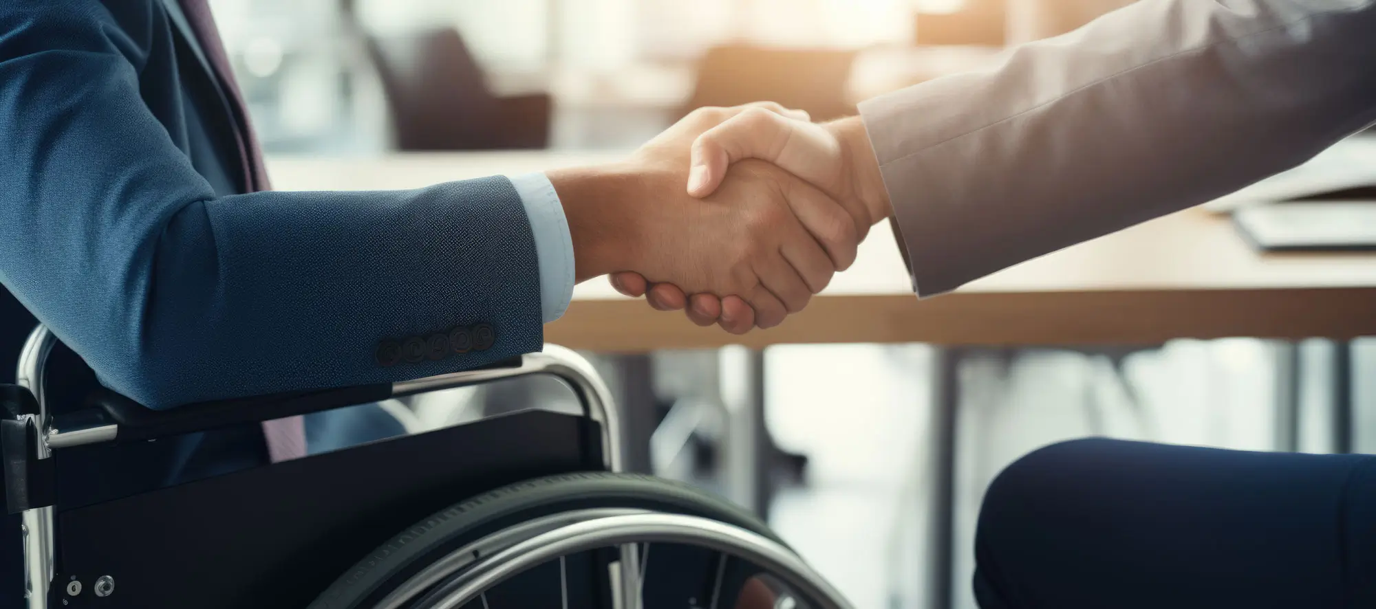 Close-up view of co-workers shaking hands. Businessman and disabled colleague on wheelchair.